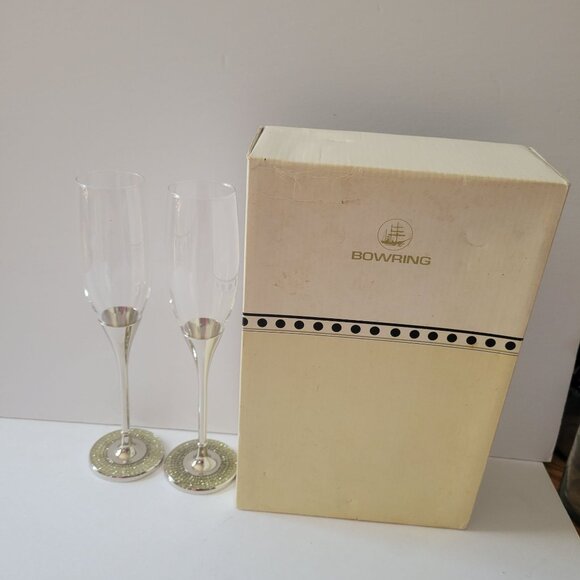 Bowring Elegant Crystal Champagne Flutes With Silver Stem & Rhinestone Base - Picture 1 of 9